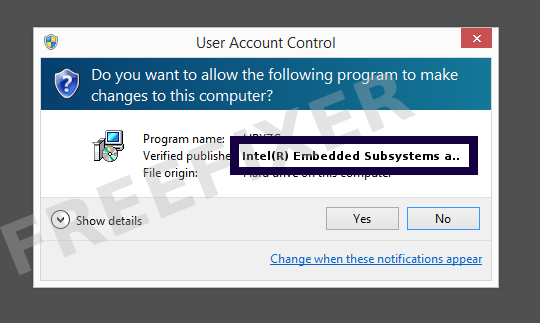 Screenshot where Intel(R) Embedded Subsystems and IP Blocks Group appears as the verified publisher in the UAC dialog